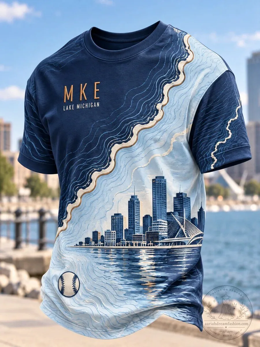 Milwaukee Wisconsin Lake Michigan Skyline Baseball T-Shirt