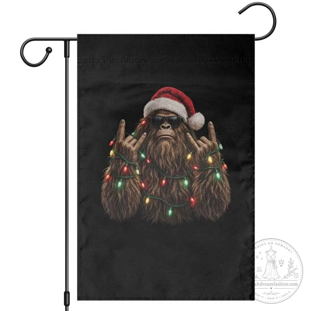 Christmas Bigfoot Rock and Roll Sasquatch Garden Flag with Holiday Lights