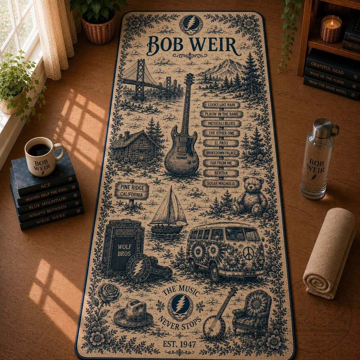 Bob Weir Grateful Dead Toile de Jouy Pattern Yoga Mat for Fitness and Exercise