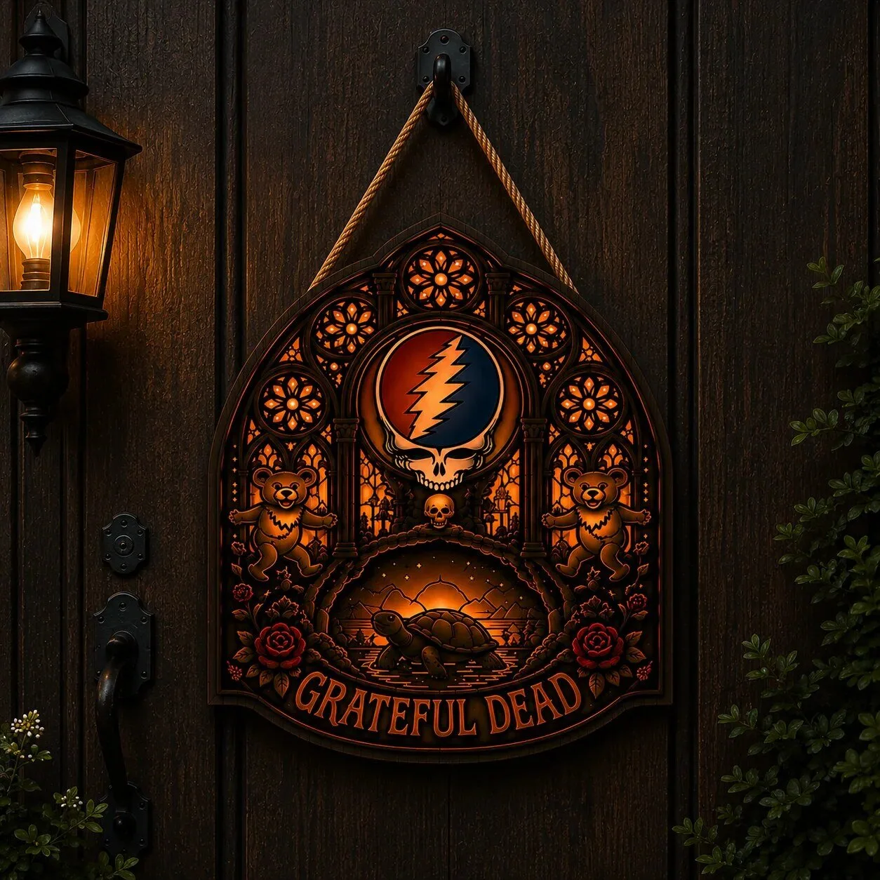 Grateful Dead Steal Your Face Skull Gothic Stained Glass Wooden Door Sign