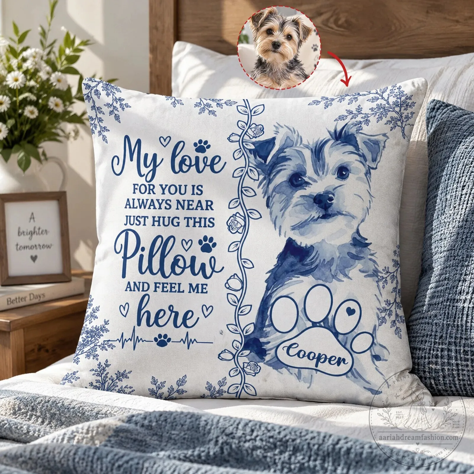 Personalized Pet Memorial Photo Pillow, Custom Dog Portrait Watercolor Cushion Gift