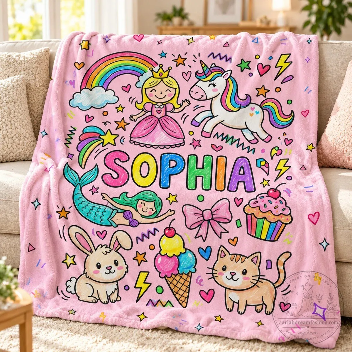 Personalized Kids Favorite Things Pink Fleece Blanket with Custom Name