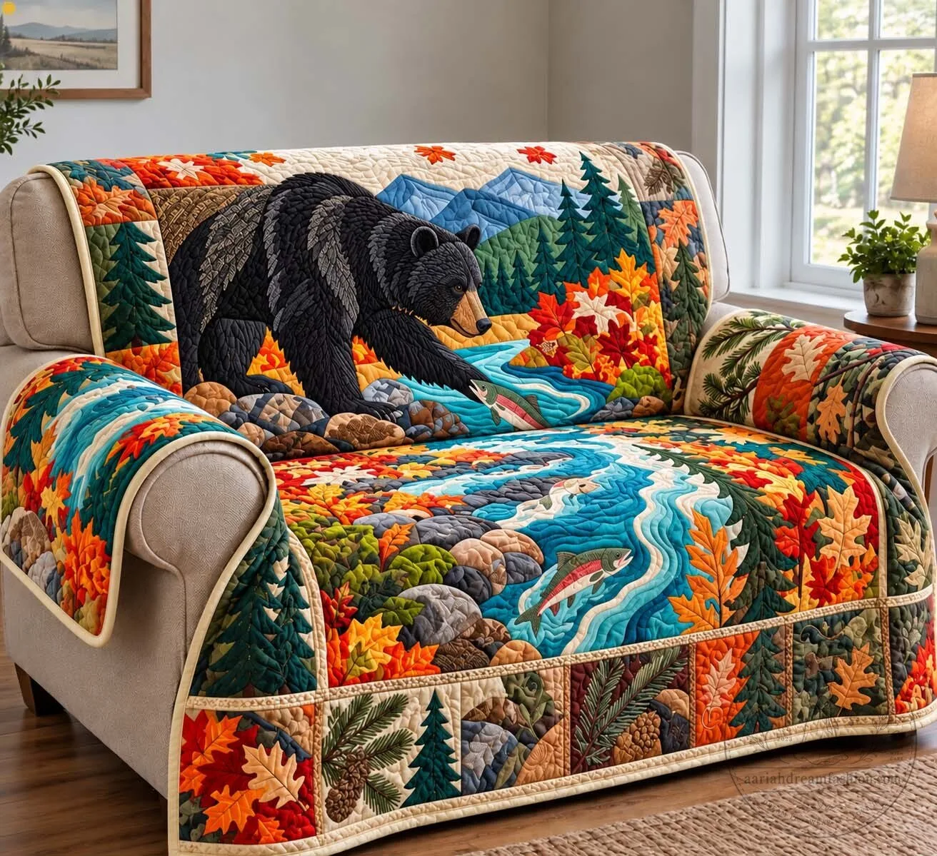 Autumn Salmon Bear Quilted Sofa Cover, Nature-Inspired Wildlife Couch Protector
