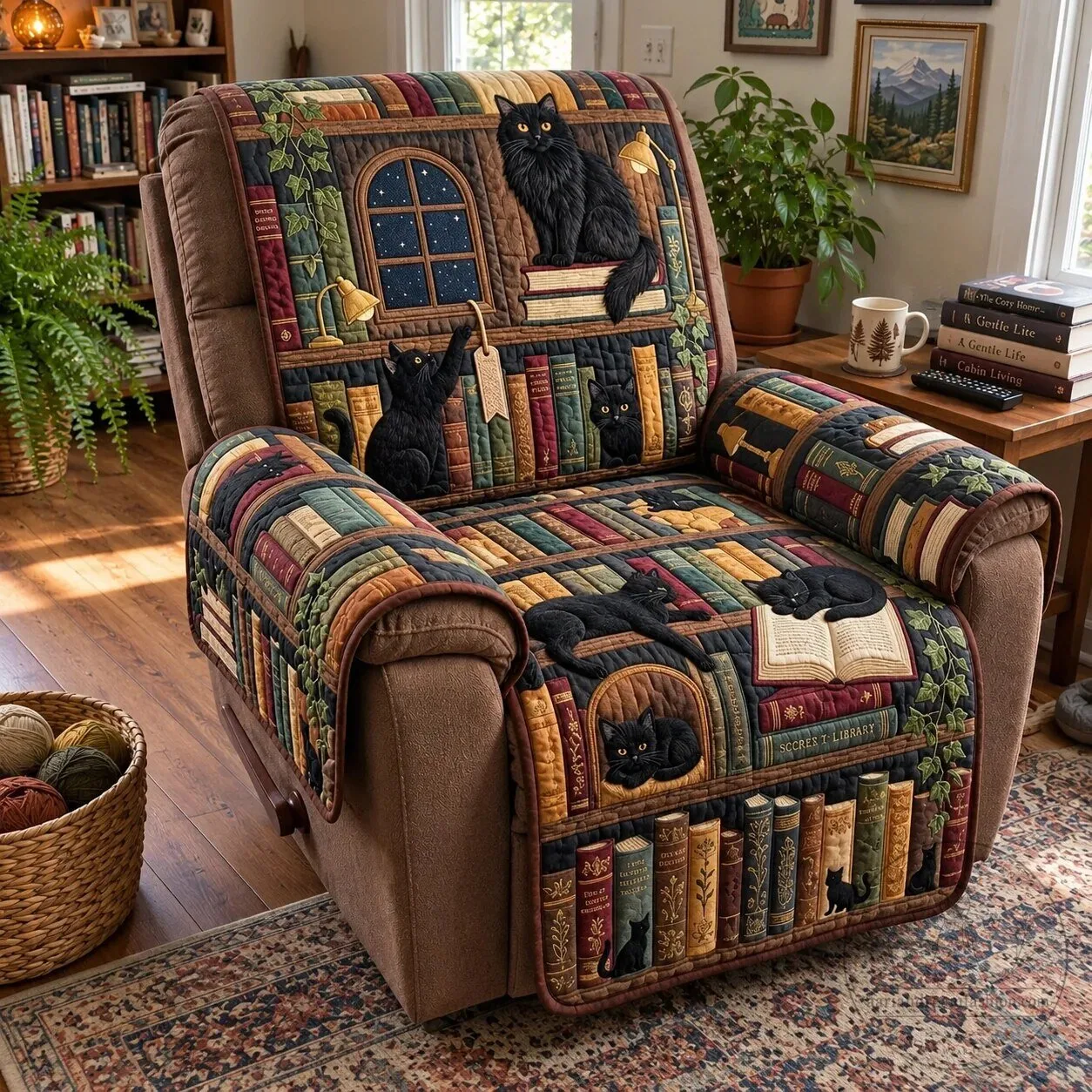 Secret Library Black Cat Quilted Recliner Chair Cover Protector